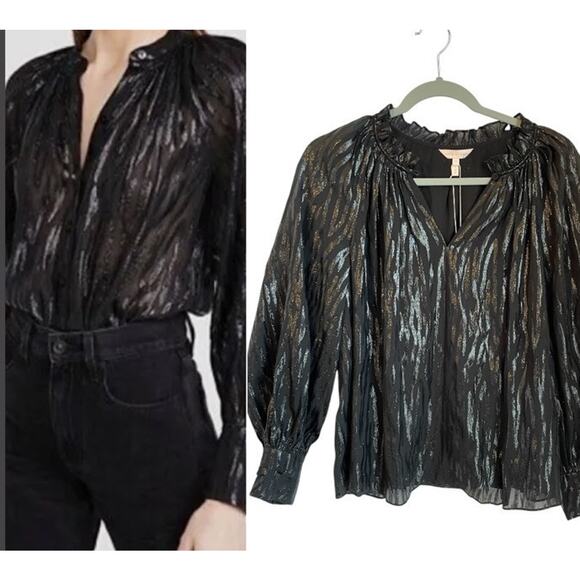 Rebecca Taylor Long Sleeve Black Metallic Silk Safari‎ Blouse Size 2 - Picture 1 of 5